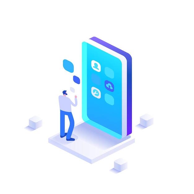 man interacts with mobile application interface