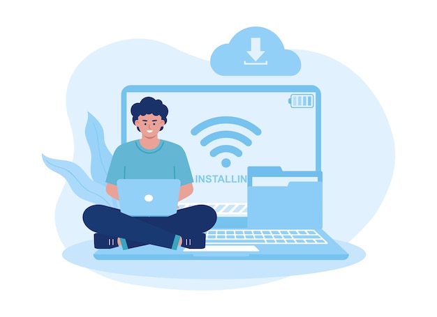 man is downloading files and installing software on laptop trending concept flat illustration