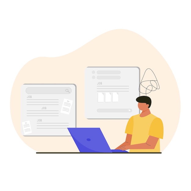 Man looking for job online and apply job via email illustration