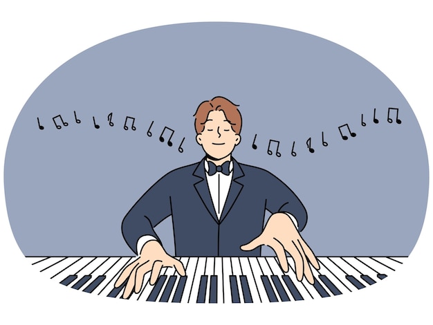 man maestro plays piano with eyes closed and performs classical compositions in symphony orchestra