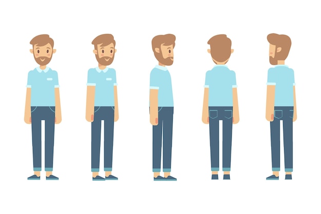 man male guy front side back view flat vector character for animation