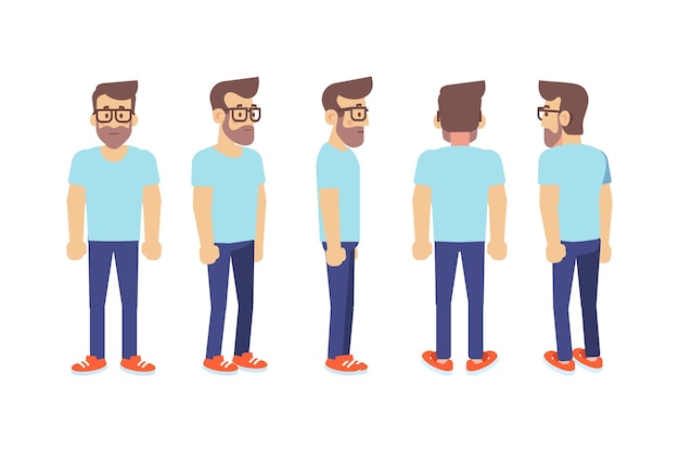man male guy front side back view flat vector character for animation