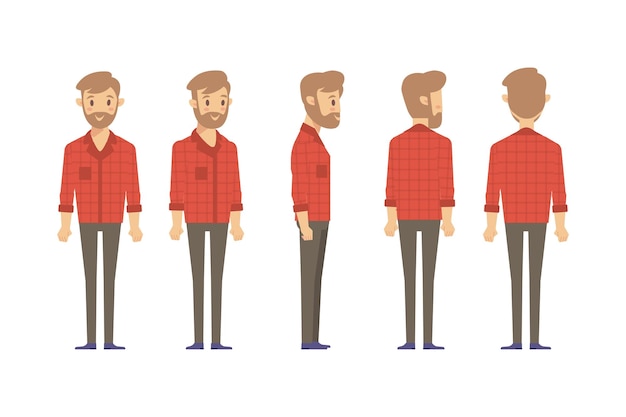 man male guy front side back view flat vector character for animation