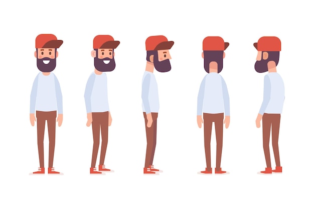man male guy front side back view flat vector character for animation