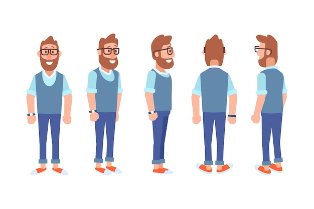 man male guy front side back view flat vector character for animation