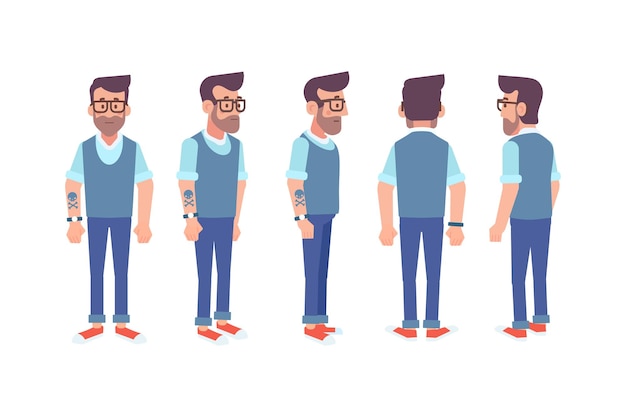 man male guy front side back view flat vector character for animation