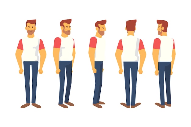 man male guy front side back view flat vector character for animation