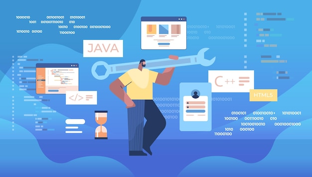 man programmer holding wrench developer optimizes software engineering coding programming testing code concept horizontal full length vector illustration
