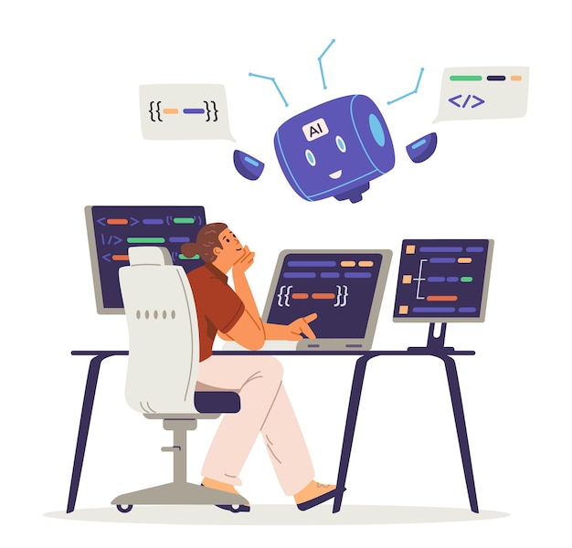 Man programmer interacting with artificial intelligence for code generation and editing
