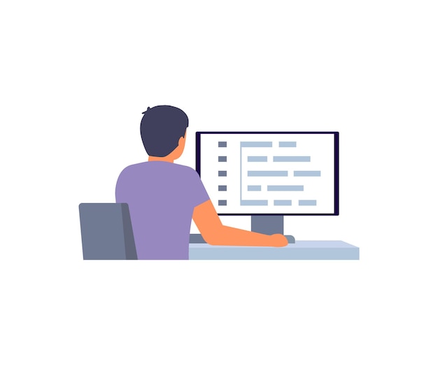 Man programmer, software developer working on web development on computer, back view. Man work script coding and programming in php, python, javascript, other languages on computer screen. 