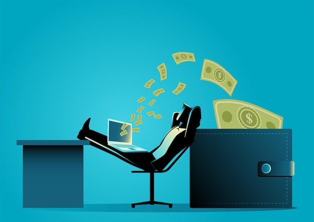 man relaxing while receiving money transfer from lap top computer into wallet. online business, freelancer, investment concept