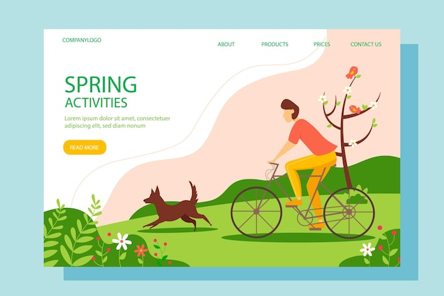 man riding a bike with a dog in the park. vector spring illustration.