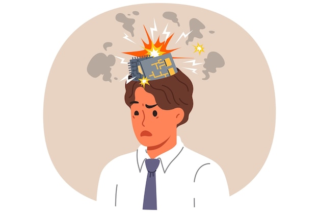 Man robot with exploding computer boards in head due to overload with work tasks