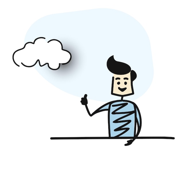 man shows hands thumbs up with chat bubble, cartoon hand drawn sketch vector illustration.