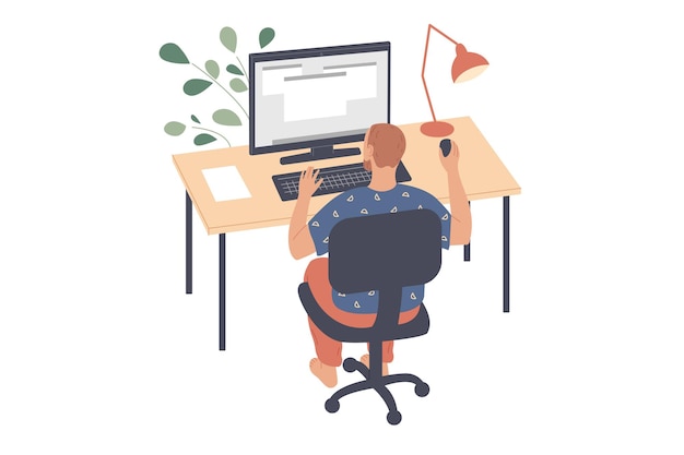 Man sits at the table and works.