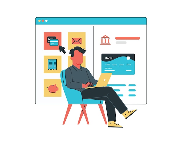 Man sitting and working on a laptop Flat design vector illustration for contactless payment concept