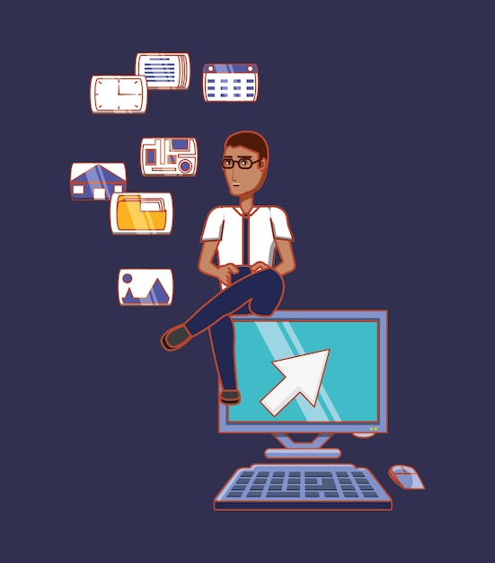 man sitting on computer with phone social media
