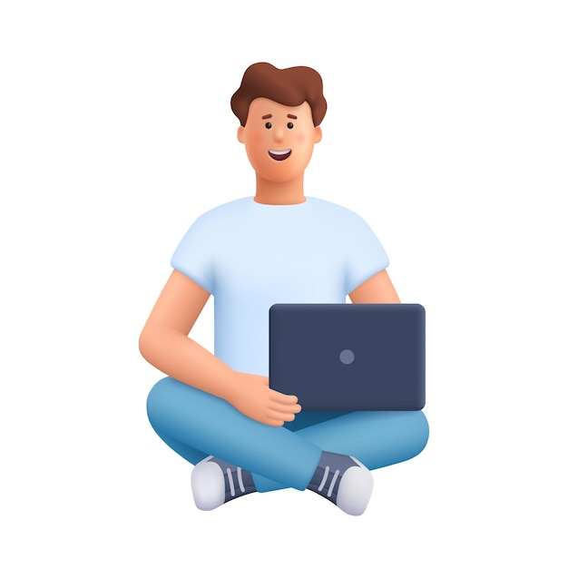 Man sitting with crossed legs holding laptop Freelance education work 3d vector people character