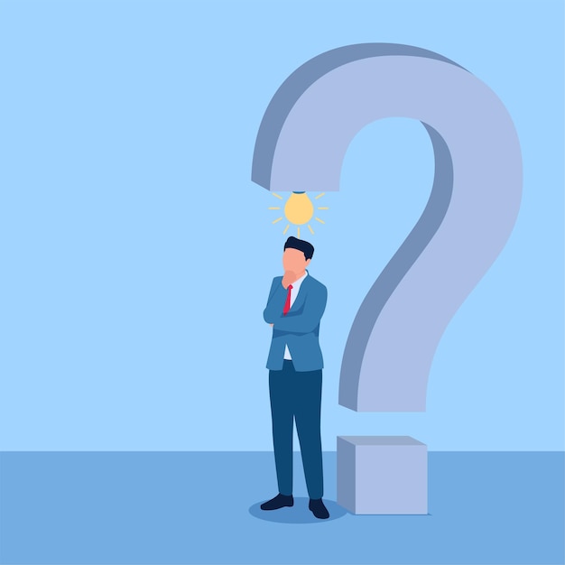 Man standing holding chin under big question mark illustration for problem