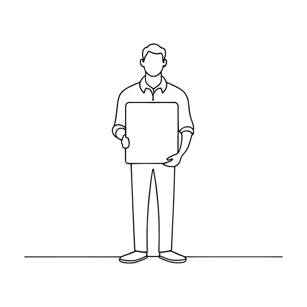 man stands holding a blank board in front of him continuous line art flat vector illustration on white background