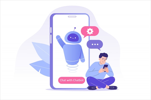 Man talking with chat bot in a big smartphone screen