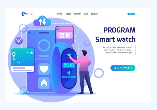 Man uses Fitness bracelet adjusts smart watch program Flat 2D character Landing page concepts and web design