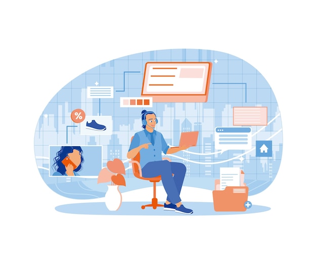 Man wearing a headset Helping customers in online shopping Online assistant concept Flat vector illustration