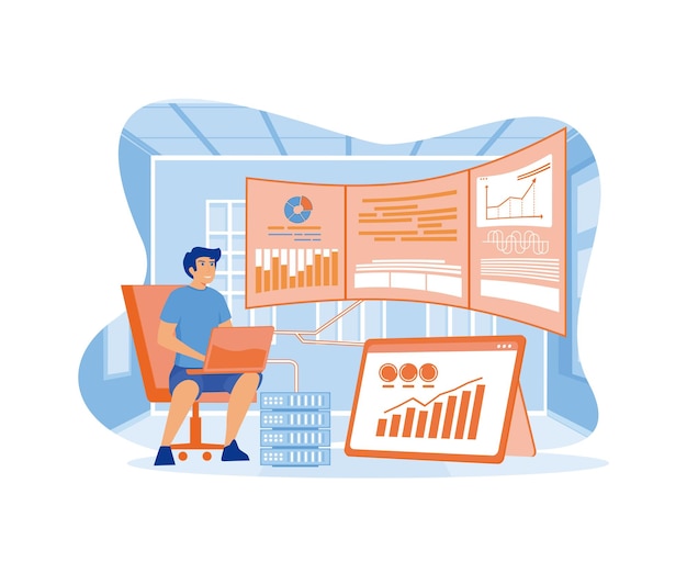 Man Working In Data Center Room Hosting Server Computer Monitoring Information Database flat vector modern illustration