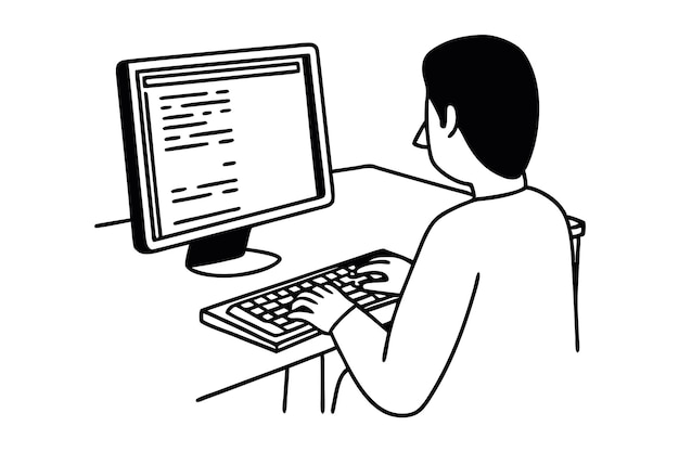 Man working on computer from home Remote work concept design Monochrome vector illustration