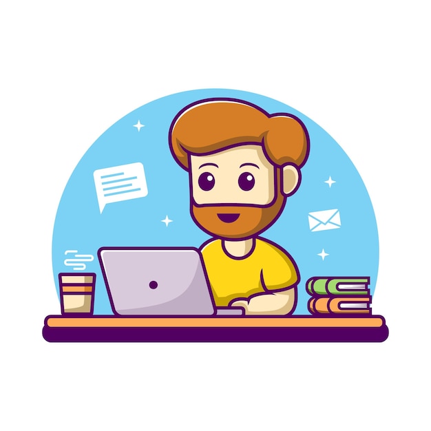 Man working on laptop cartoon illustration