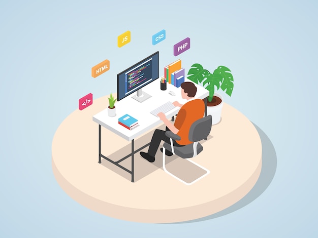 Man working on laptop programming coding website web mobile landing page template banner with isometric 3d flat style   illustration.