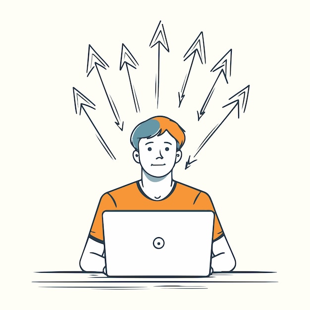 Man working on laptop with arrows above his head representing ideas and solutions Fully Vector Art