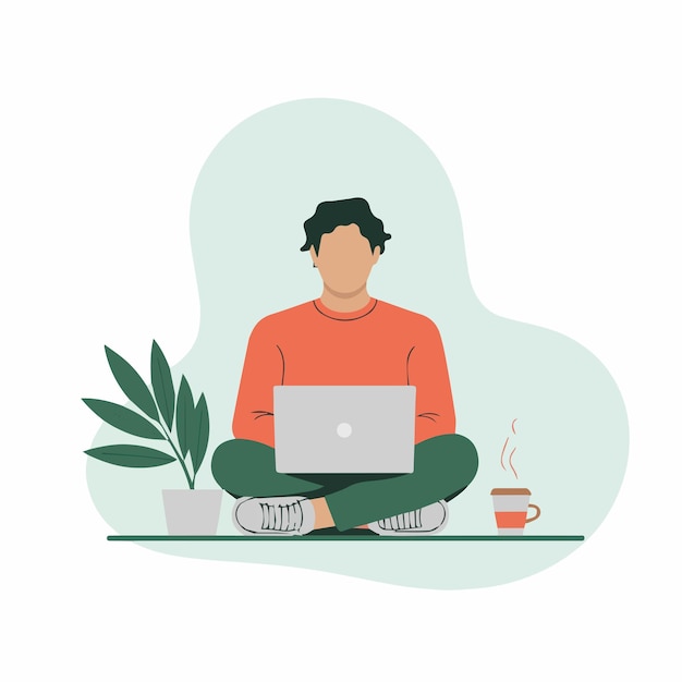 man working remotely on a laptop in a flat design style