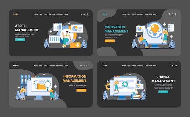 Management and support night or dark mode web or landing page set information management ensuring