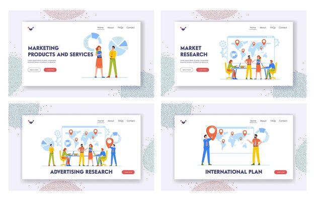 Management Research Landing Page Template Set Business People Think and Discussing Idea in Office with Map