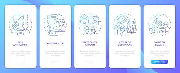 Managers and employees age gap blue gradient onboarding mobile app screen