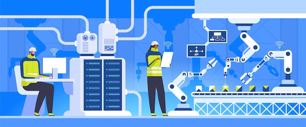 Manufacturing control flat vector illustration. Production engineers Innovational technologies