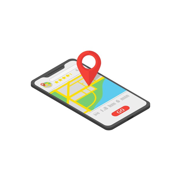 map navigator in phone isometry whith location icon flat