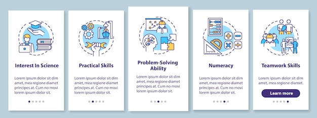 Marine engineer abilities onboarding mobile app page screen with concepts. Practical skills. Maritime training walkthrough 5 steps graphic instructions. UI vector template with RGB color illustrations