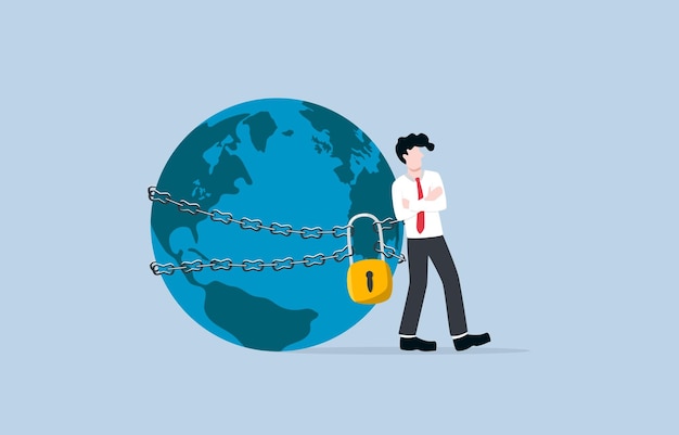 Market dominance or global monopoly company concept Businessman chaining and padlocking globe