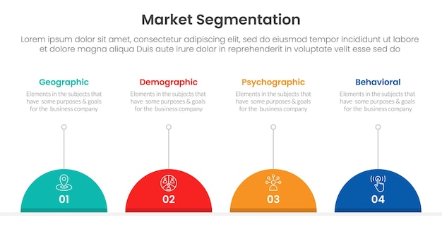 market segmentation framework analysis infographic 4 point stage template with half circle and line description for slide presentation