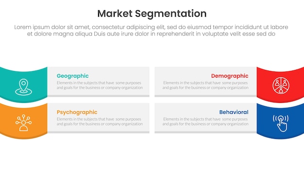 market segmentation framework analysis infographic 4 point stage template with rectangle box and wave on edge for slide presentation