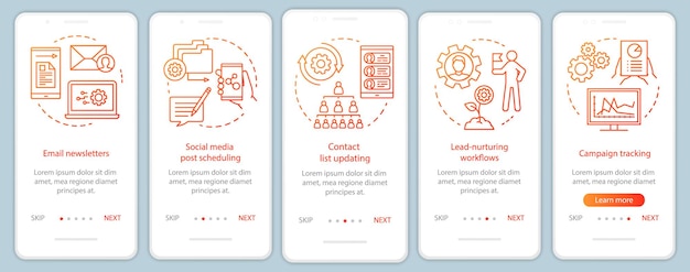 Marketing automation orange onboarding mobile app page screen vector template Software platforms walkthrough website steps with linear illustrations UX UI GUI smartphone interface concept
