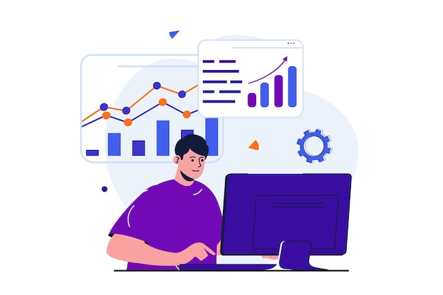 marketing modern flat concept for web banner design man analyzes data studies graphs and develops