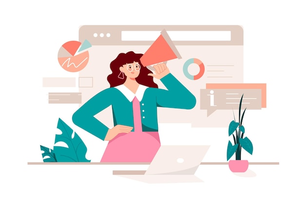 Marketing pink concept with people scene in the flat cartoon design Marketer spreads and popularizes