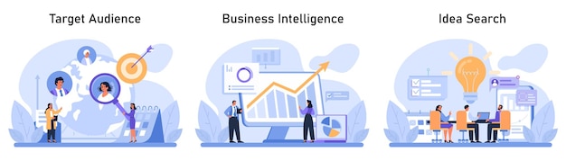 Marketing strategy development set pinpointing target audience analyzing business intelligence and