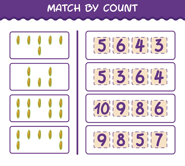 Match by count of cartoon corn. Match and count game. Educational game for pre shool years kids and toddlers