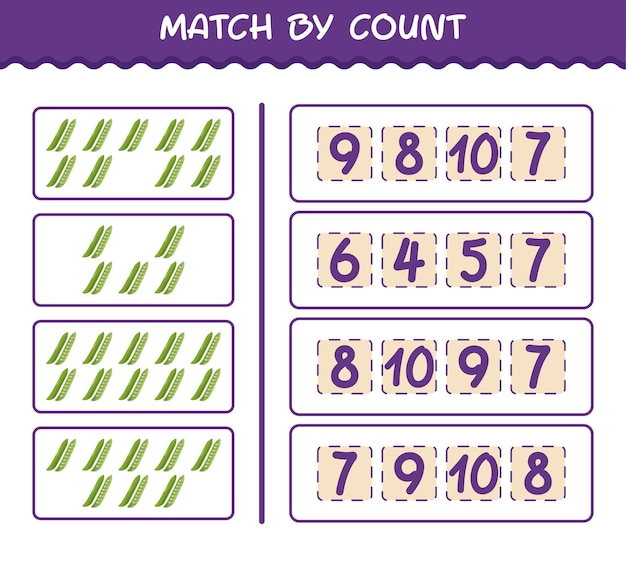 Match by count of cartoon green pea. Match and count game. Educational game for pre shool years kids and toddlers