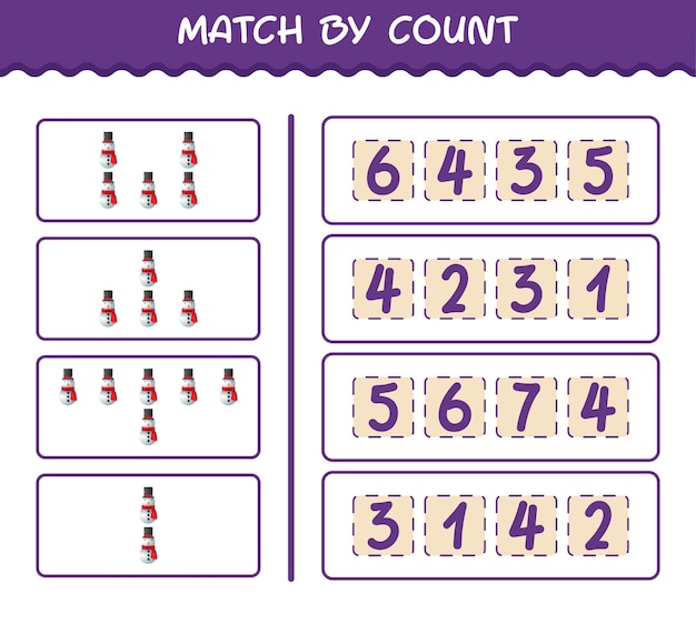 Match by count of cartoon snowman. Match and count game. Educational game for pre shool years kids and toddlers