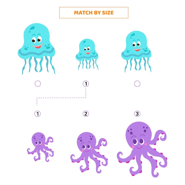 Match by size for cartoon jellyfish and octopus